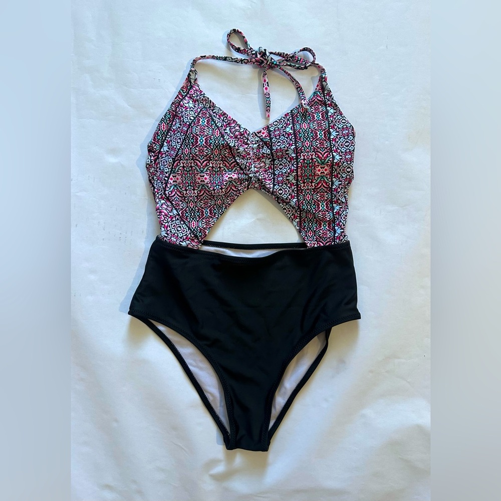 Women’s Patterned One Piece Swimsuit - Black and Pink